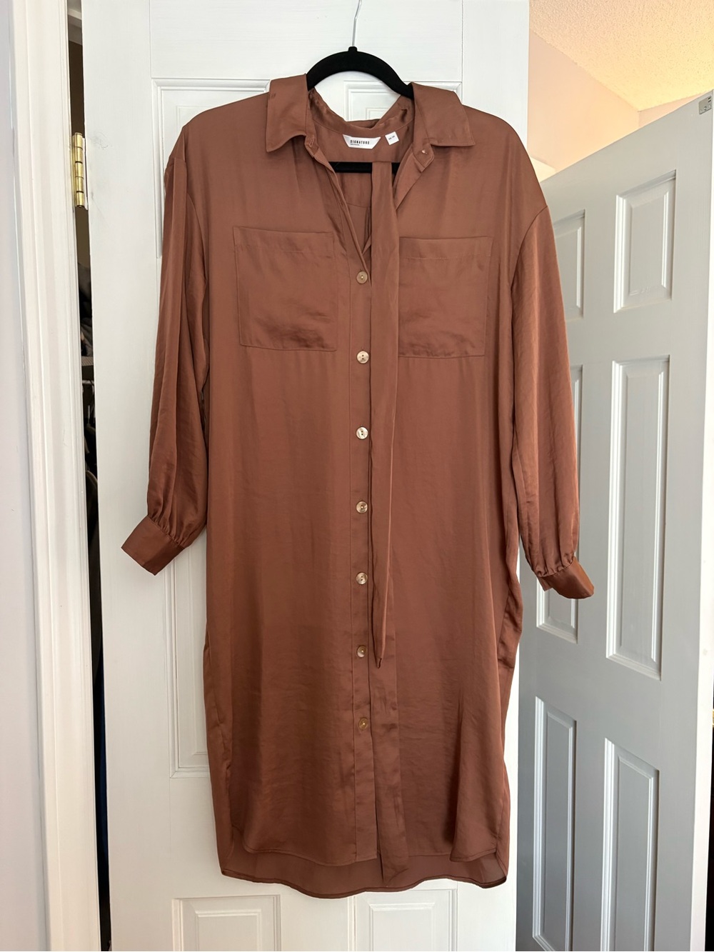 Reitmans Oversized Satin Bronze Midi Shirt Dress